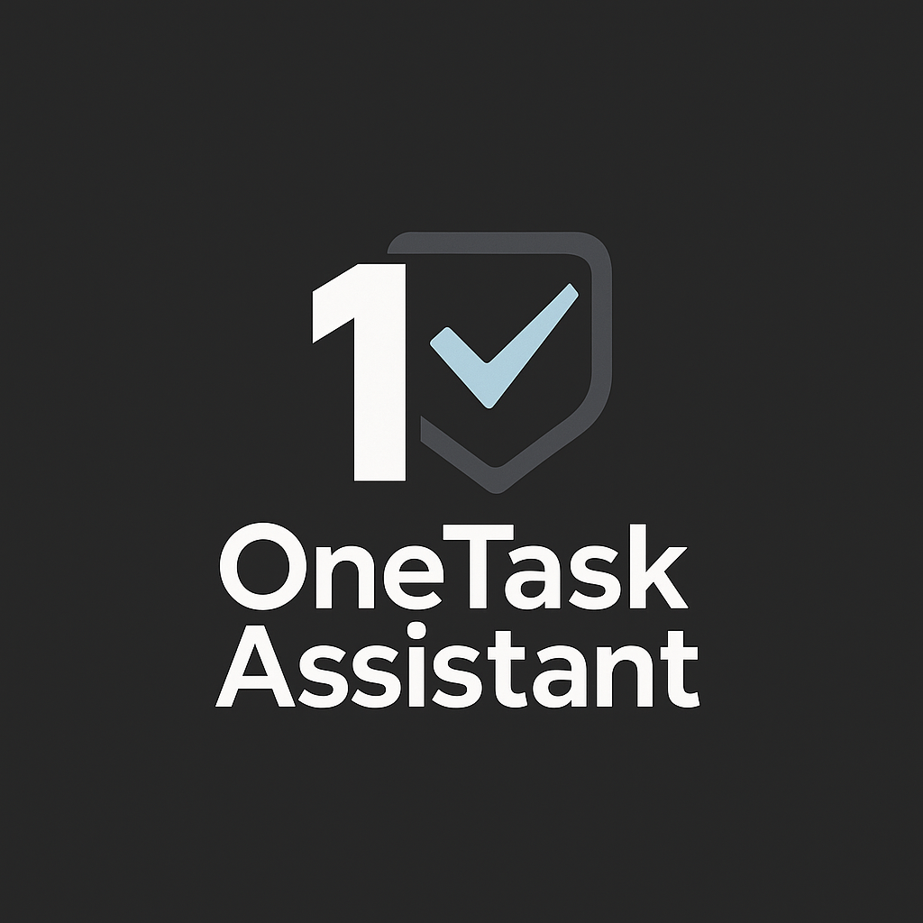 Large number 1 with a checkmark inside a shield, next to the words OneTask Assistant in bold white text on a dark background, conveying a sense of trust and productivity